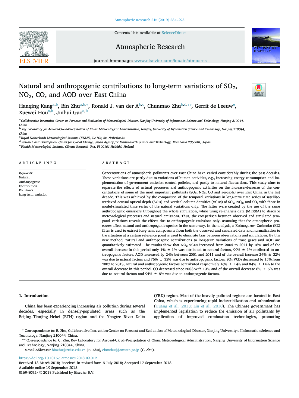 Natural and anthropogenic contributions to long-term variations of SO2, NO2, CO, and AOD over East China