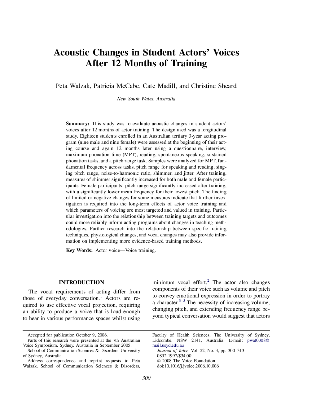 Acoustic Changes in Student Actors' Voices After 12 Months of Training 