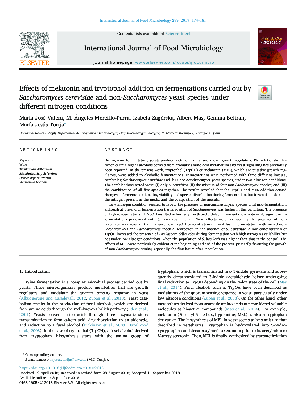 Effects of melatonin and tryptophol addition on fermentations carried out by Saccharomyces cerevisiae and non-Saccharomyces yeast species under different nitrogen conditions