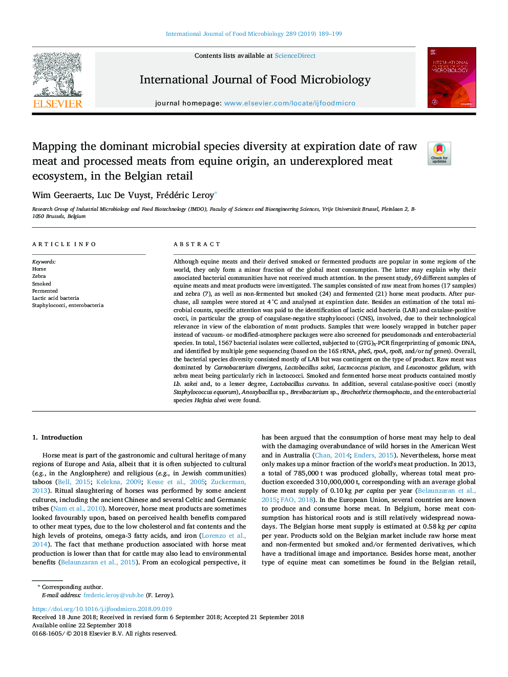 Mapping the dominant microbial species diversity at expiration date of raw meat and processed meats from equine origin, an underexplored meat ecosystem, in the Belgian retail