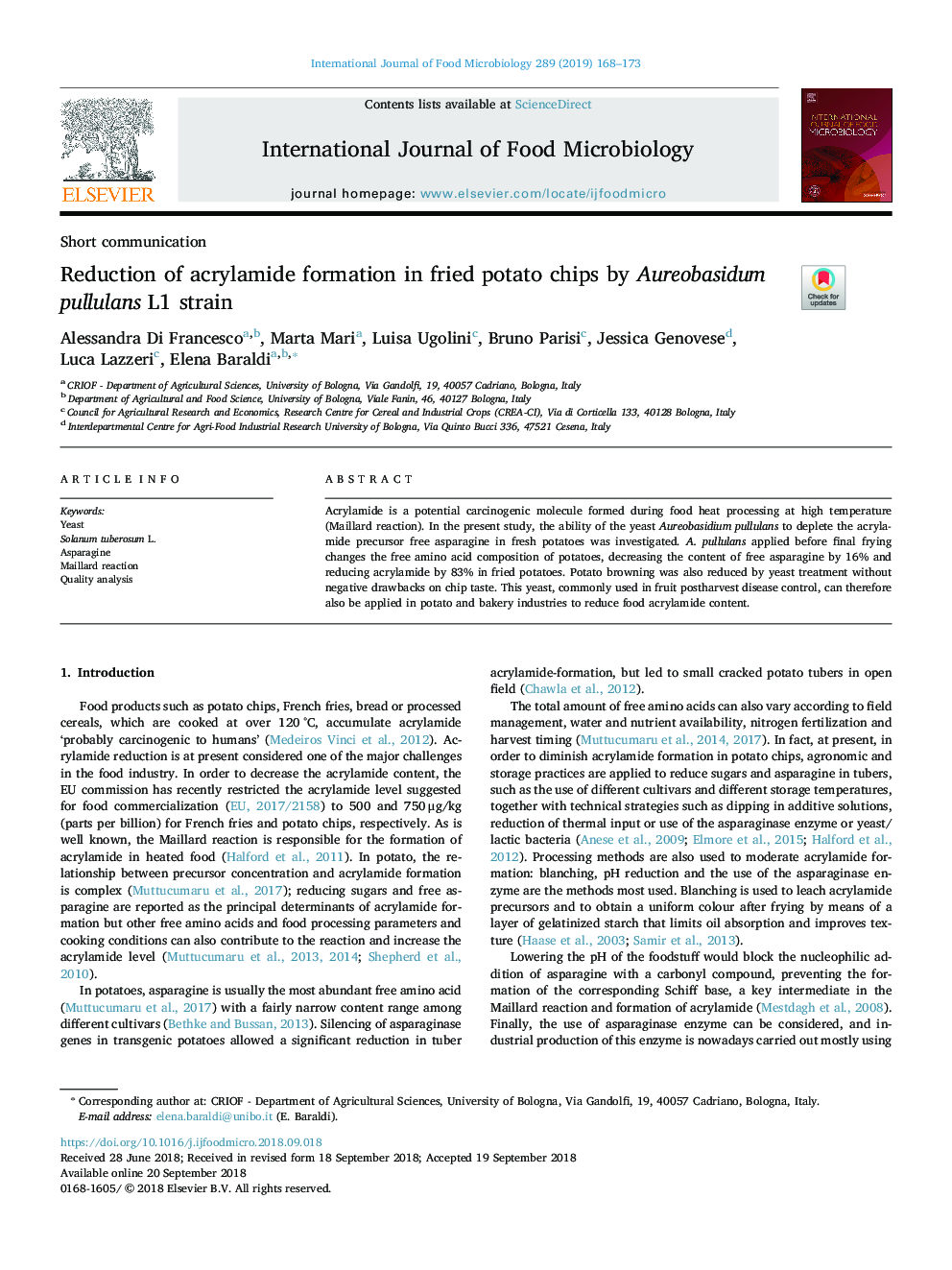 Reduction of acrylamide formation in fried potato chips by Aureobasidum pullulans L1 strain