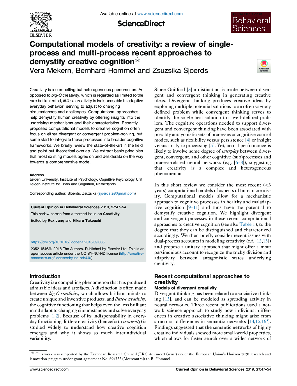 Computational models of creativity: a review of single-process and multi-process recent approaches to demystify creative cognition