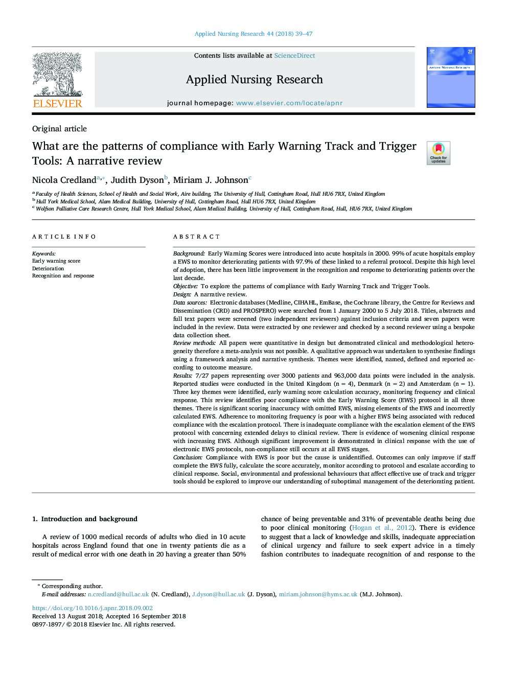 What are the patterns of compliance with Early Warning Track and Trigger Tools: A narrative review