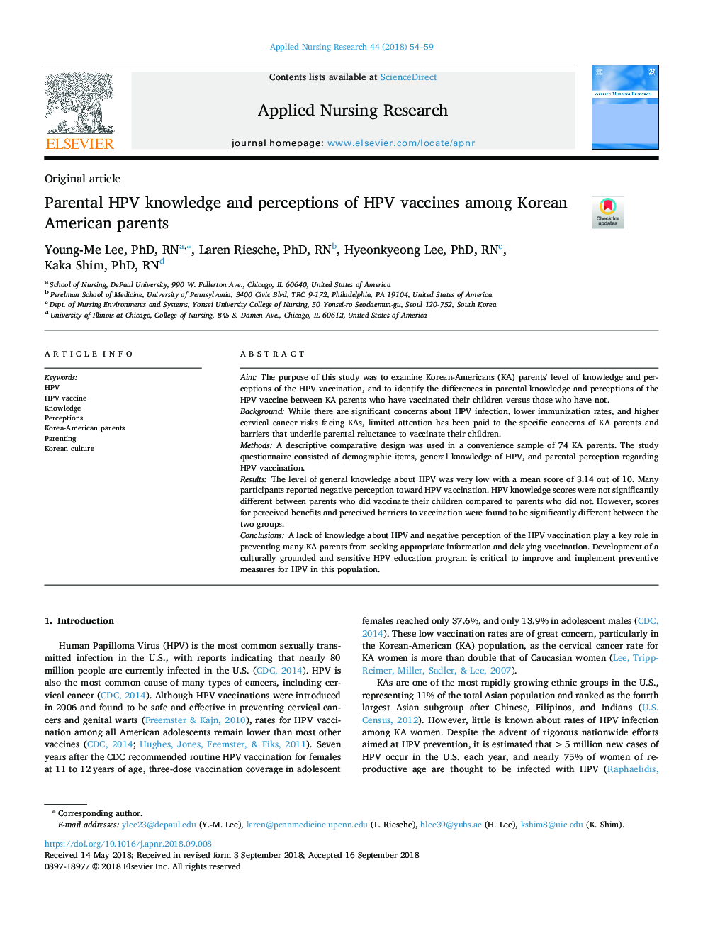 Parental HPV knowledge and perceptions of HPV vaccines among Korean American parents