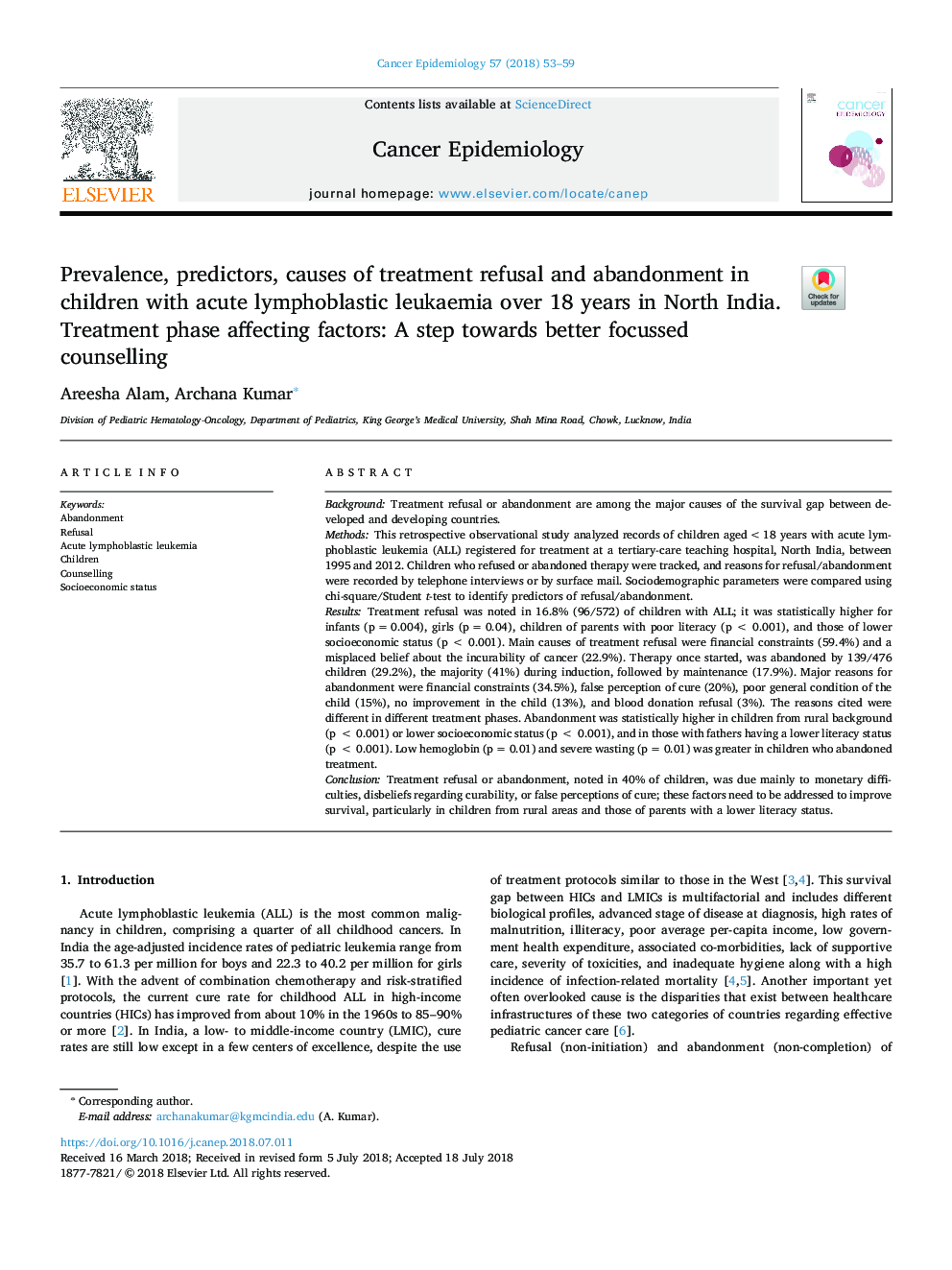 Prevalence, predictors, causes of treatment refusal and abandonment in children with acute lymphoblastic leukaemia over 18 years in North India. Treatment phase affecting factors: A step towards better focussed counselling