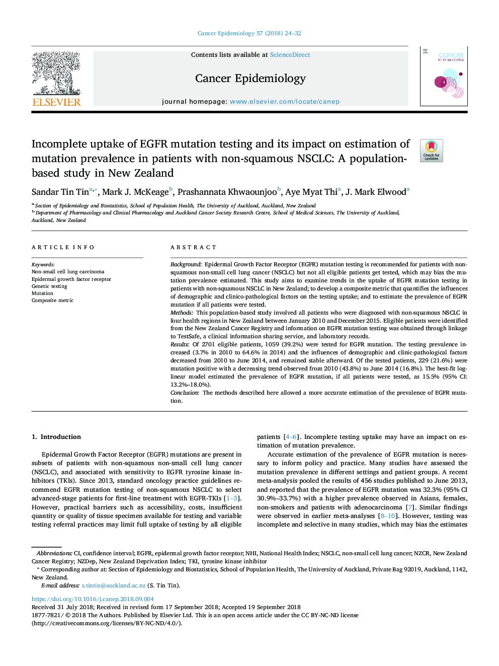 Incomplete uptake of EGFR mutation testing and its impact on estimation of mutation prevalence in patients with non-squamous NSCLC: A population-based study in New Zealand