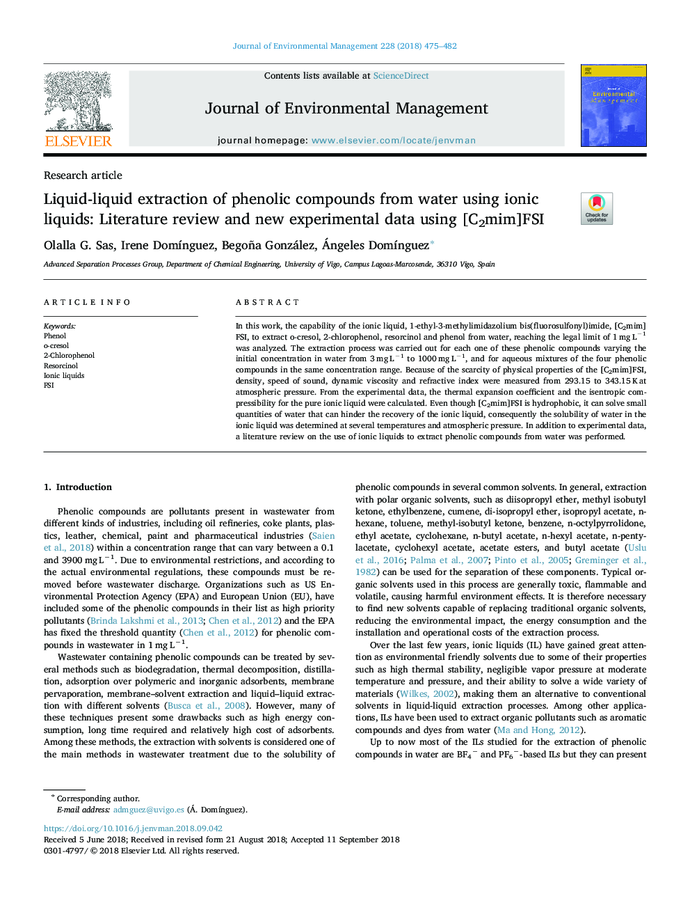 Liquid-liquid extraction of phenolic compounds from water using ionic liquids: Literature review and new experimental data using [C2mim]FSI