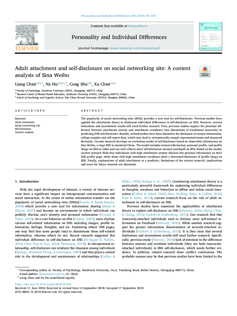 Adult attachment and self-disclosure on social networking site: A content analysis of Sina Weibo