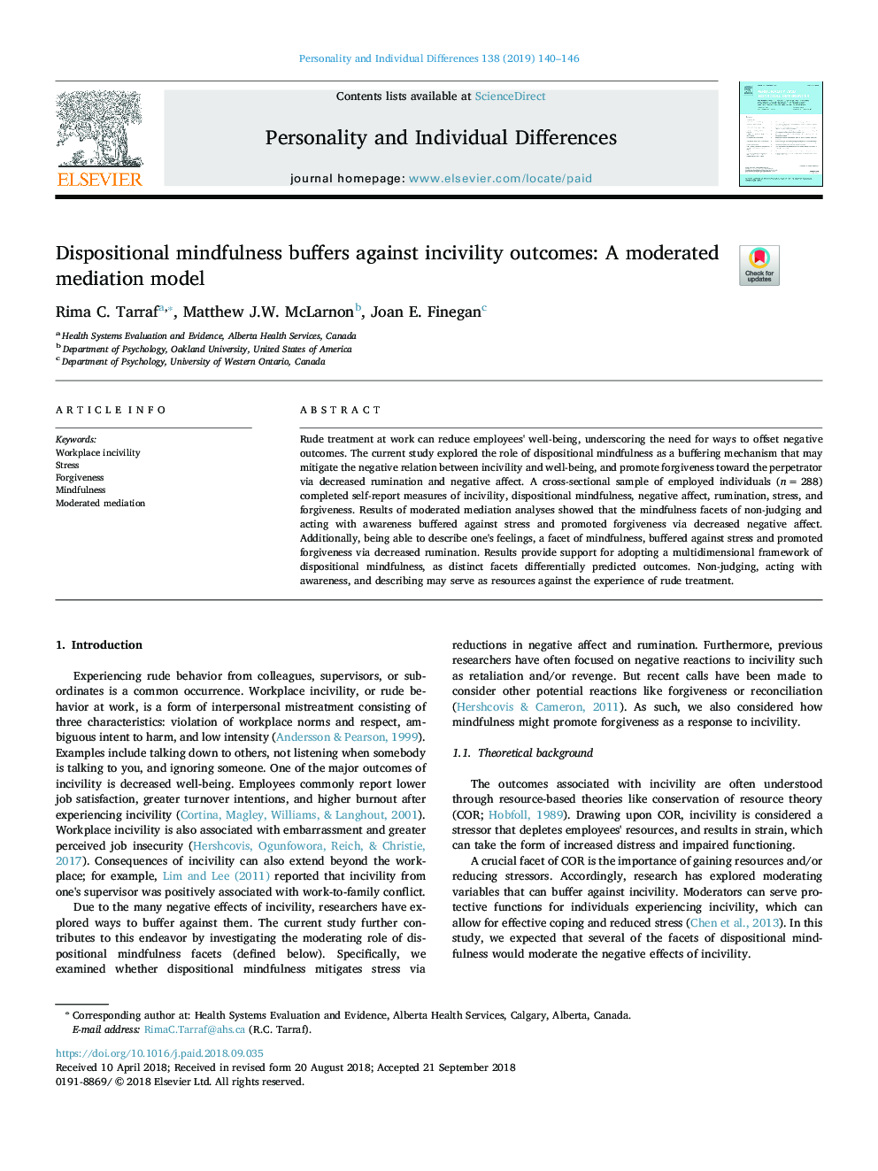 Dispositional mindfulness buffers against incivility outcomes: A moderated mediation model