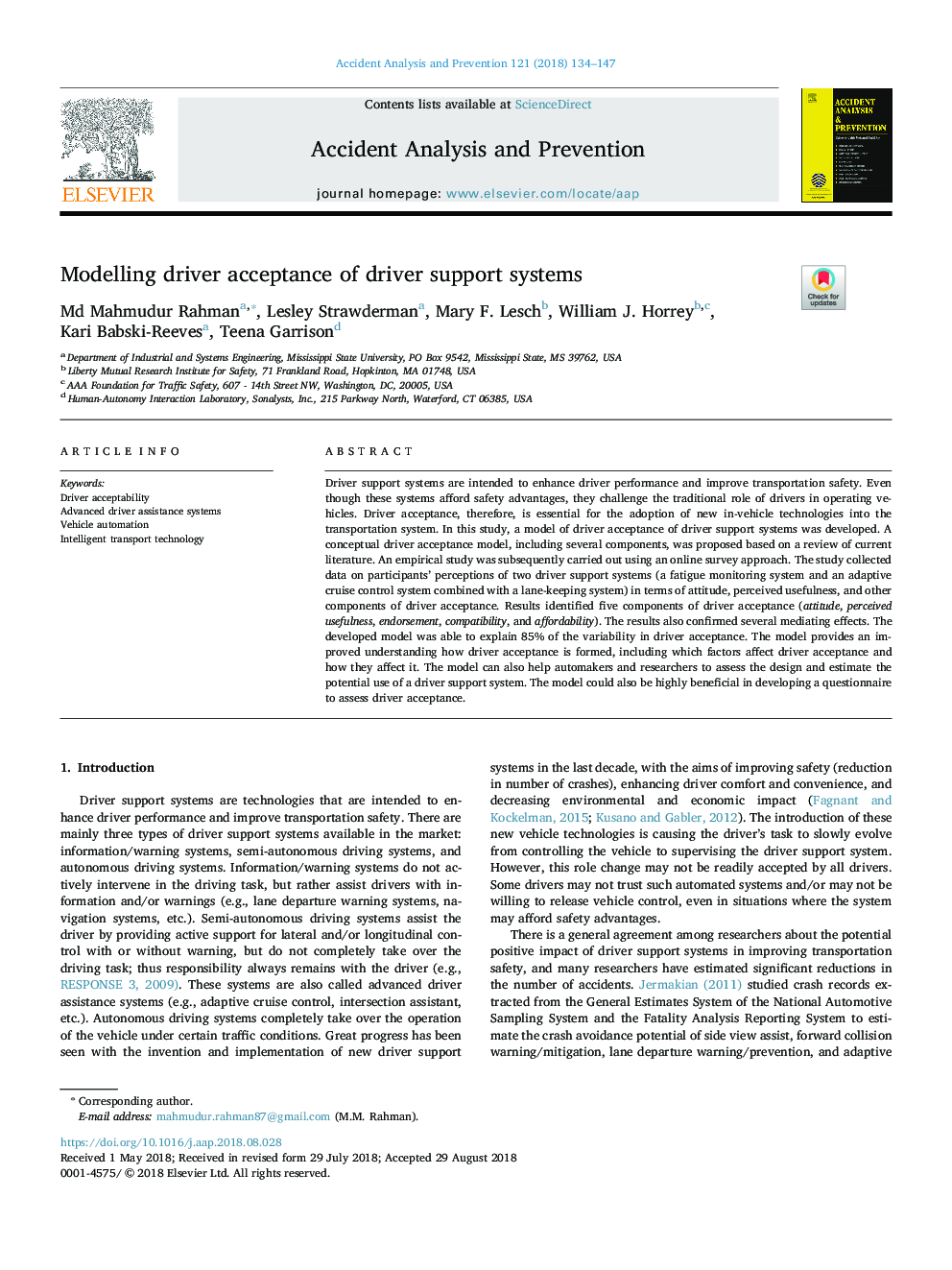 Modelling driver acceptance of driver support systems