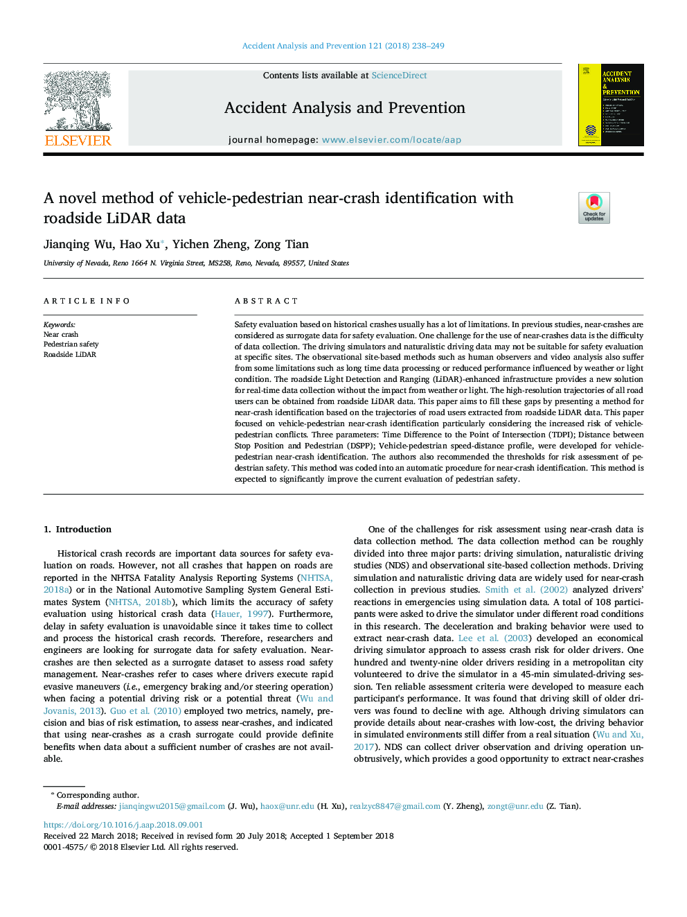 A novel method of vehicle-pedestrian near-crash identification with roadside LiDAR data