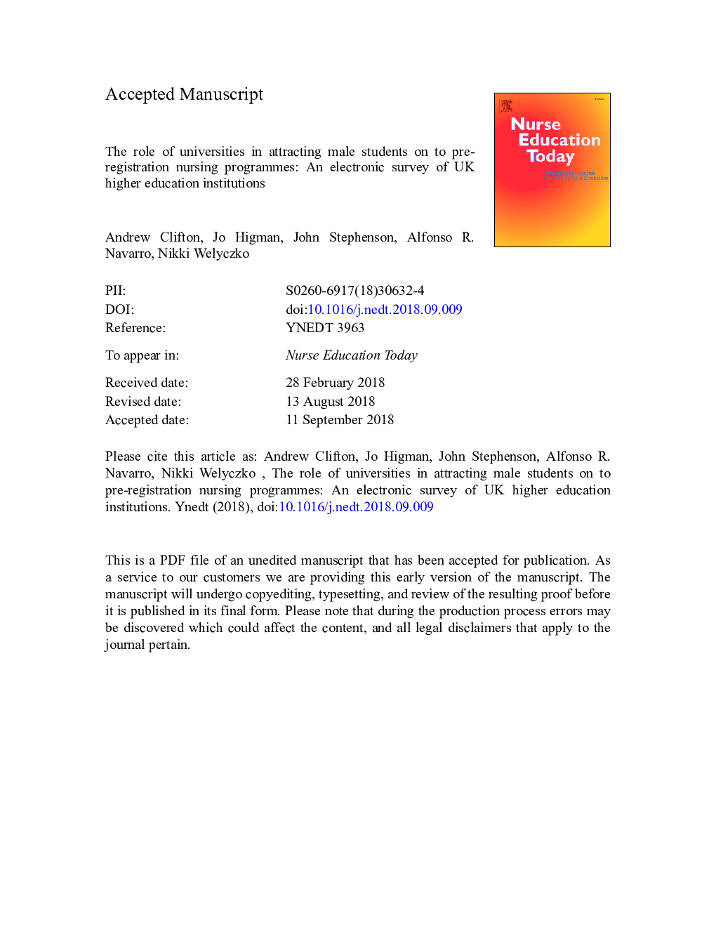 The role of universities in attracting male students on to pre-registration nursing programmes: An electronic survey of UK higher education institutions