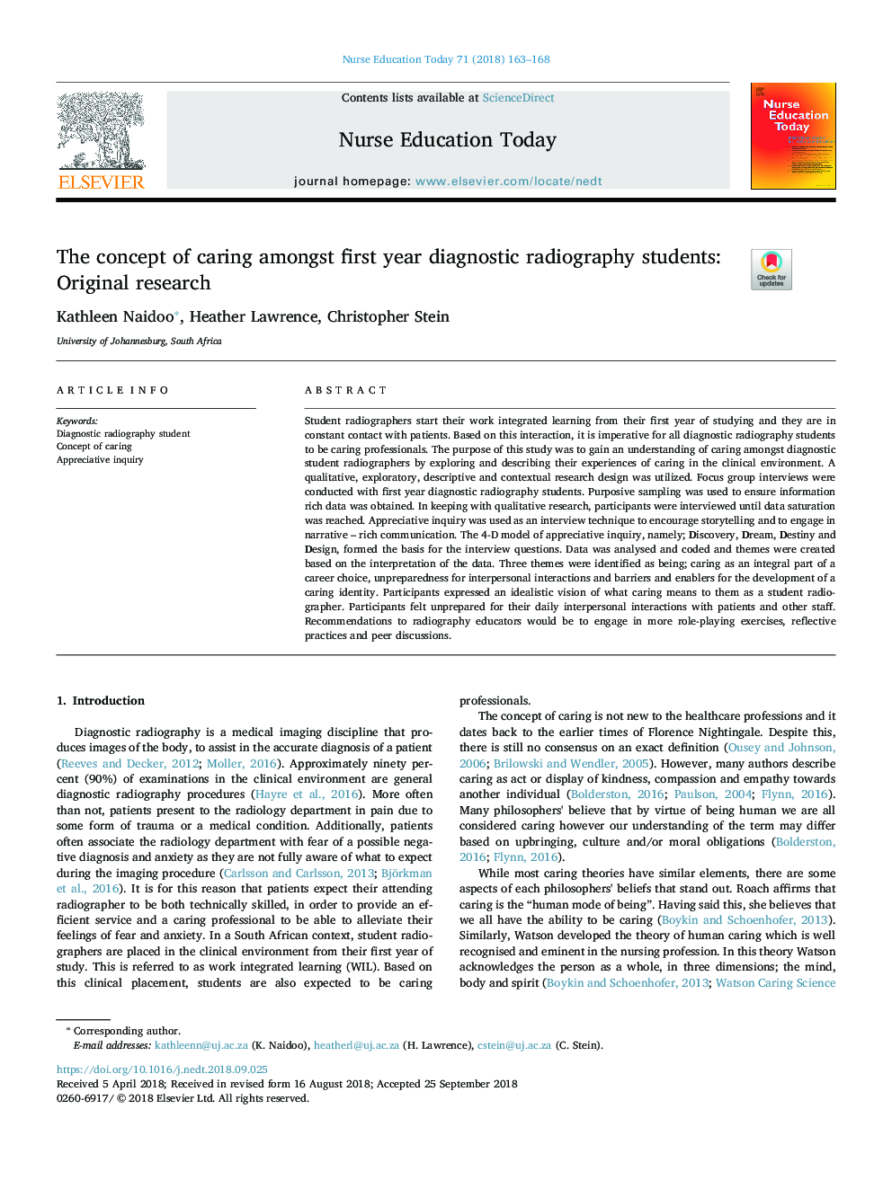 The concept of caring amongst first year diagnostic radiography students: Original research