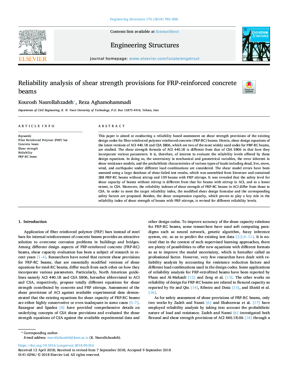 Reliability analysis of shear strength provisions for FRP-reinforced concrete beams