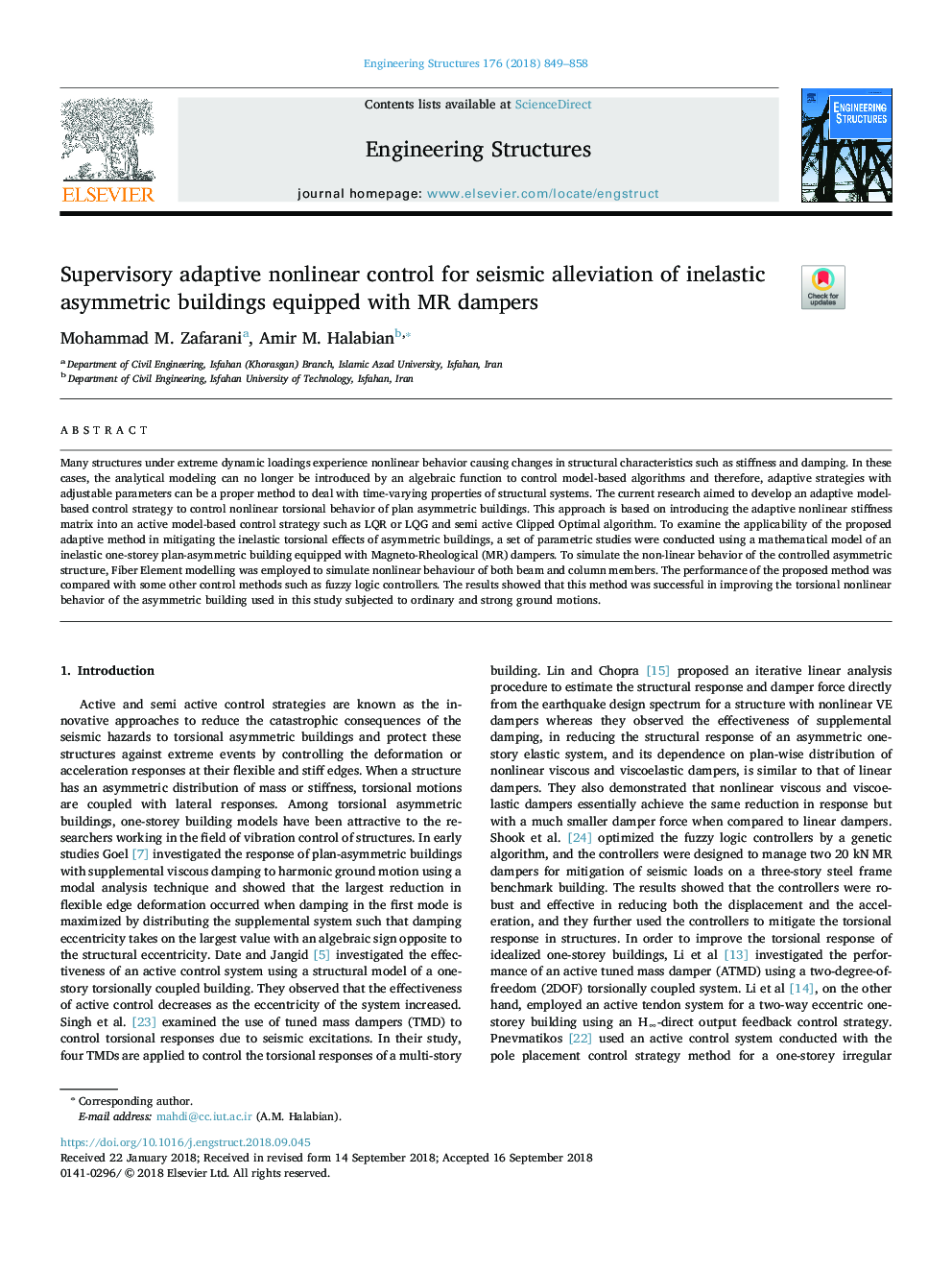 Supervisory adaptive nonlinear control for seismic alleviation of inelastic asymmetric buildings equipped with MR dampers