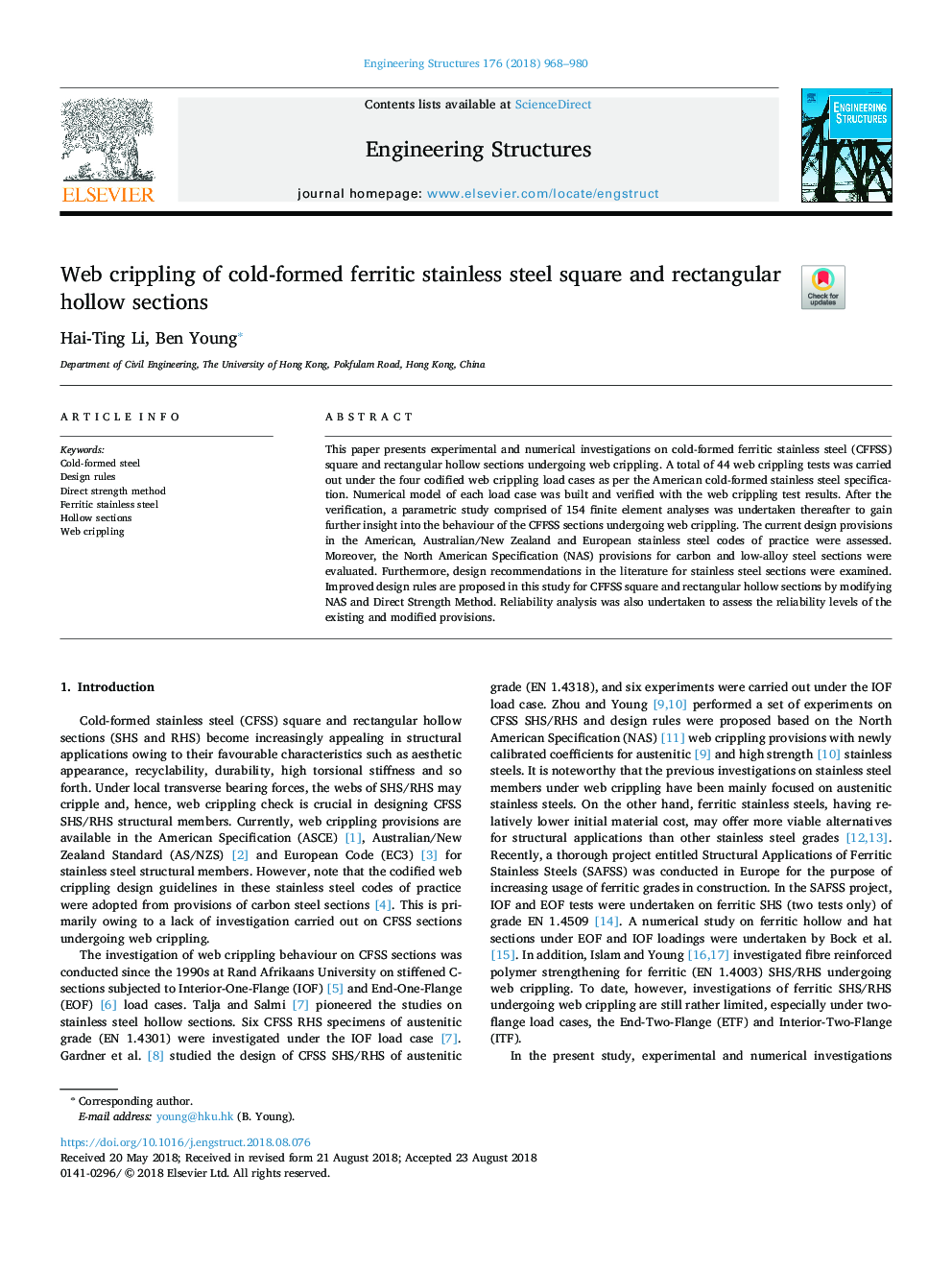 Web crippling of cold-formed ferritic stainless steel square and rectangular hollow sections