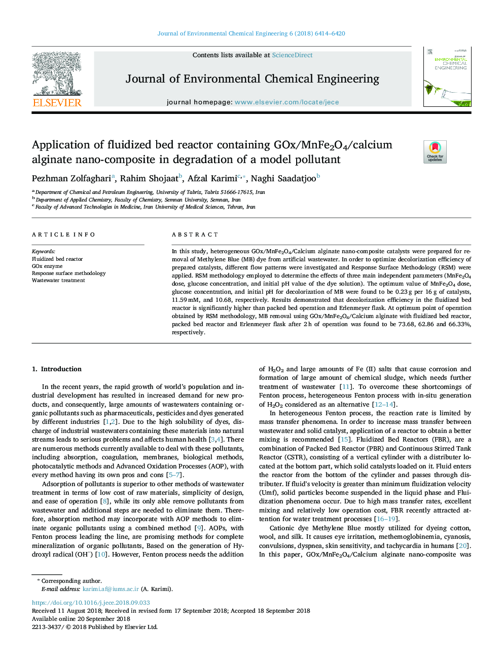 Application of fluidized bed reactor containing GOx/MnFe2O4/calcium alginate nano-composite in degradation of a model pollutant