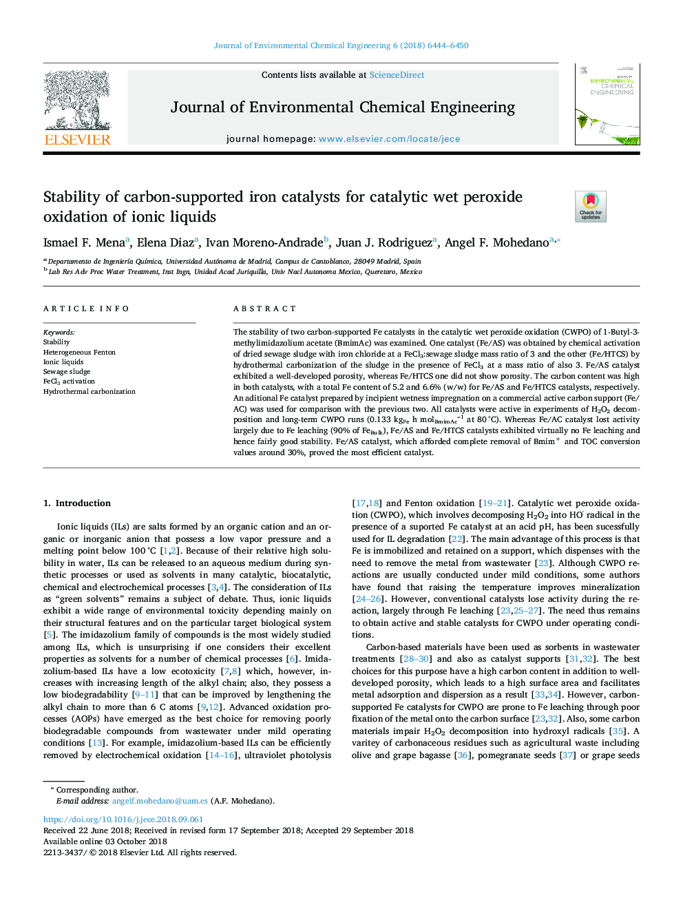 Stability of carbon-supported iron catalysts for catalytic wet peroxide oxidation of ionic liquids