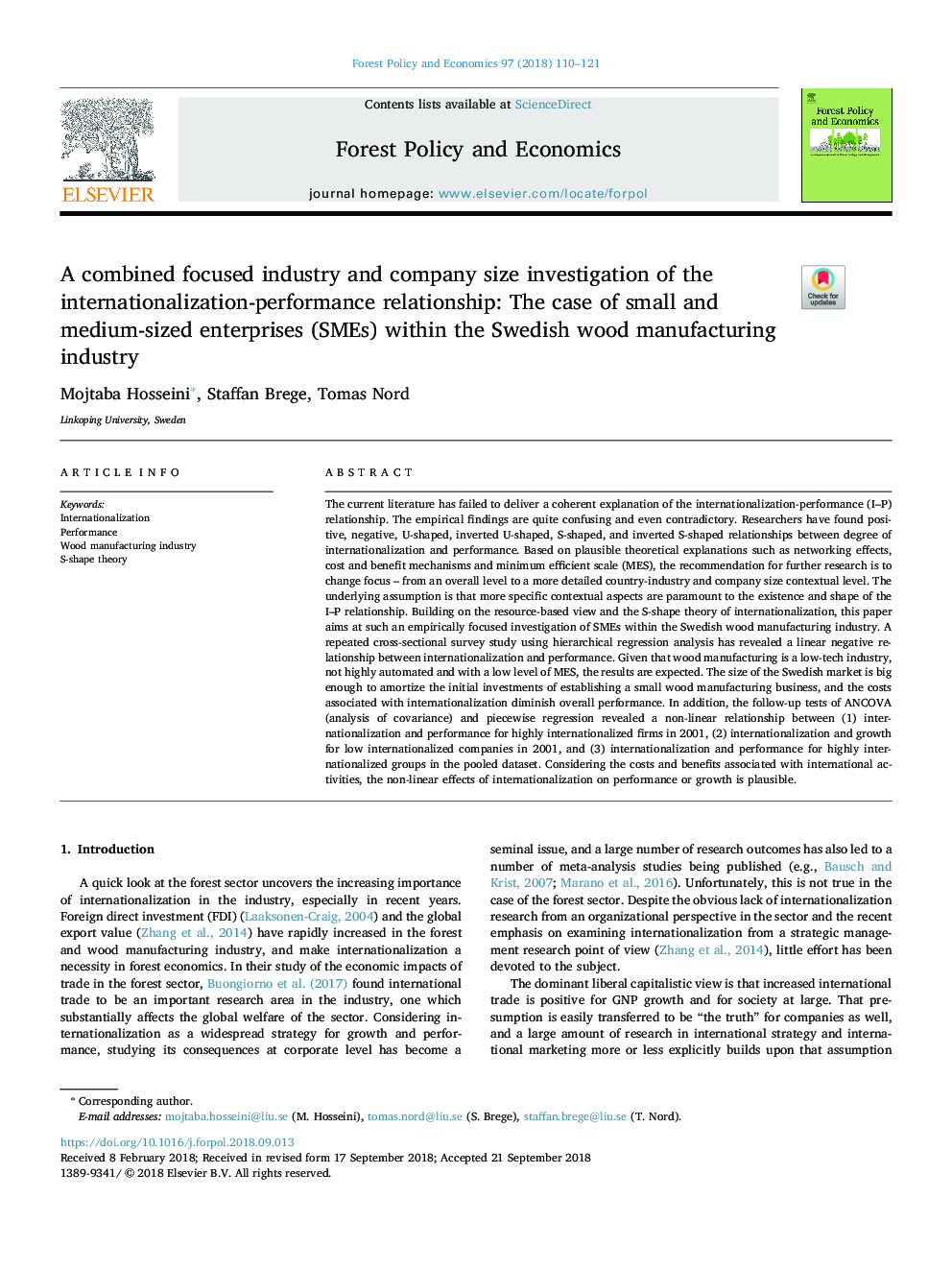 A combined focused industry and company size investigation of the internationalization-performance relationship: The case of small and medium-sized enterprises (SMEs) within the Swedish wood manufacturing industry