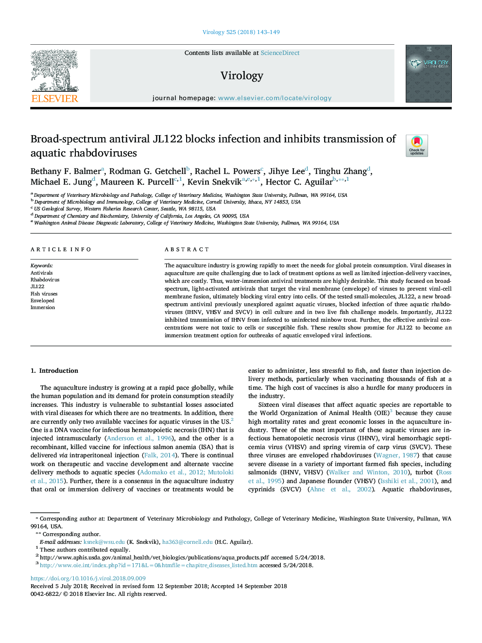 Broad-spectrum antiviral JL122 blocks infection and inhibits transmission of aquatic rhabdoviruses