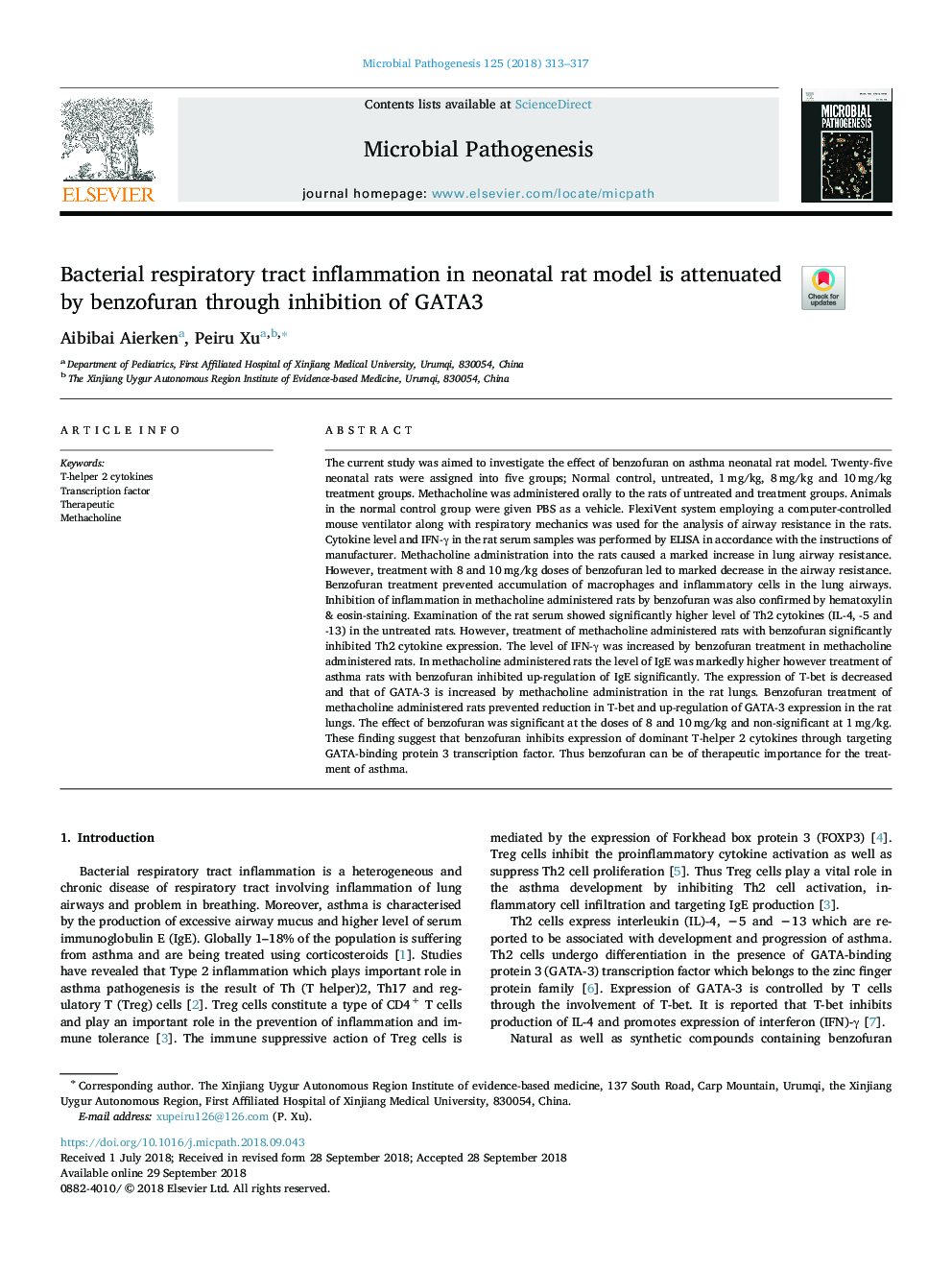 Bacterial respiratory tract inflammation in neonatal rat model is attenuated by benzofuran through inhibition of GATA3