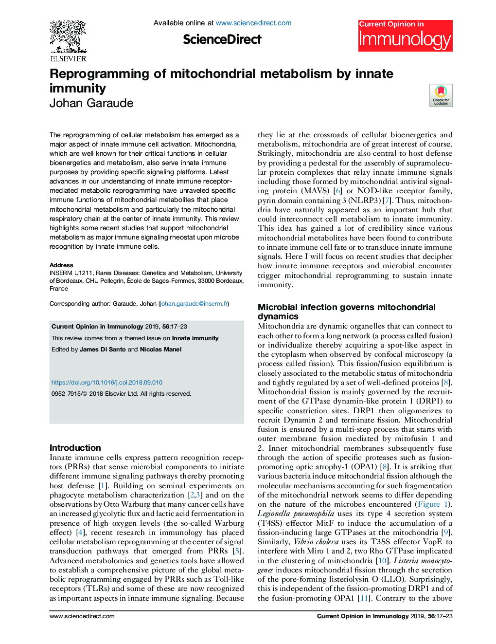 Reprogramming of mitochondrial metabolism by innate immunity