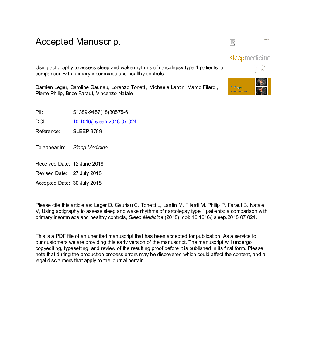 Using actigraphy to assess sleep and wake rhythms of narcolepsy type 1 patients: a comparison with primary insomniacs and healthy controls