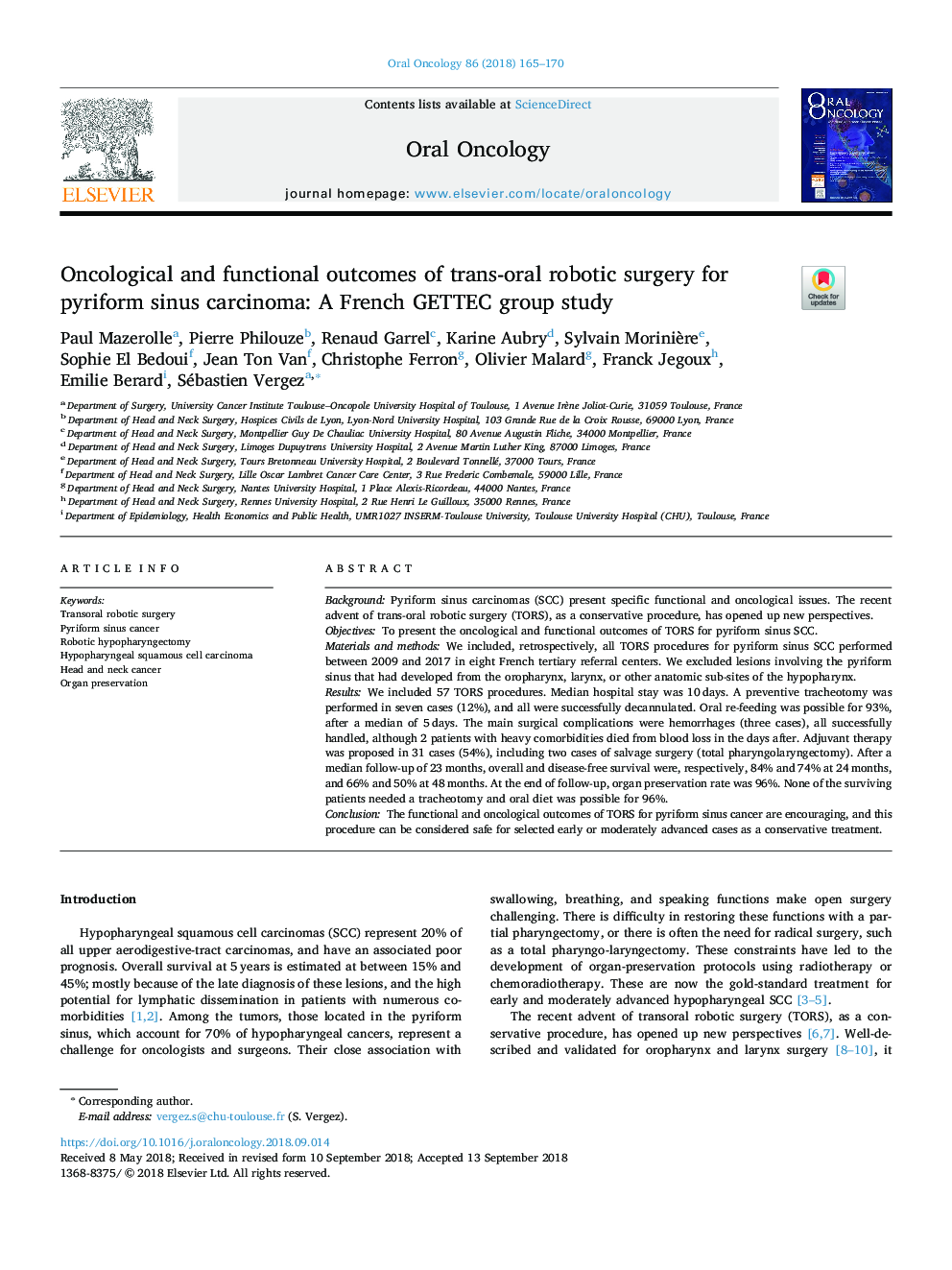 Oncological and functional outcomes of trans-oral robotic surgery for pyriform sinus carcinoma: A French GETTEC group study