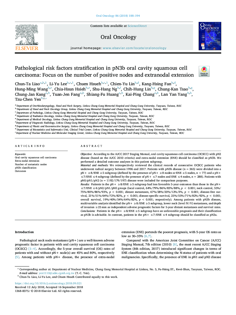 Pathological risk factors stratification in pN3b oral cavity squamous cell carcinoma: Focus on the number of positive nodes and extranodal extension