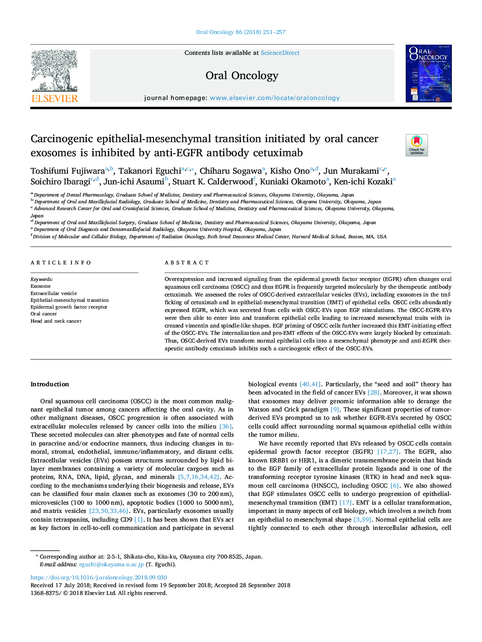 Carcinogenic epithelial-mesenchymal transition initiated by oral cancer exosomes is inhibited by anti-EGFR antibody cetuximab