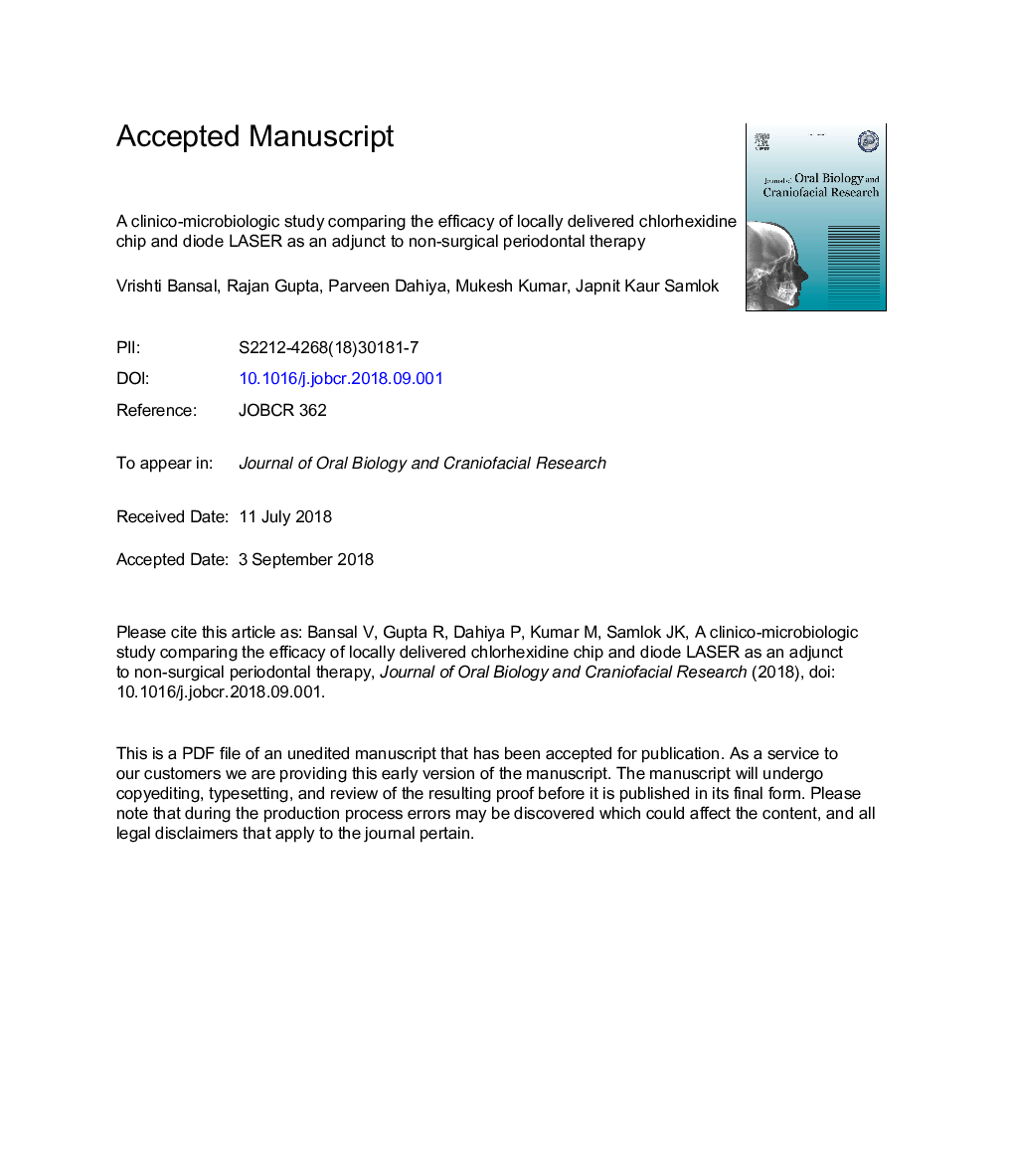 A clinico-microbiologic study comparing the efficacy of locally delivered chlorhexidine chip and diode LASER as an adjunct to non-surgical periodontal therapy