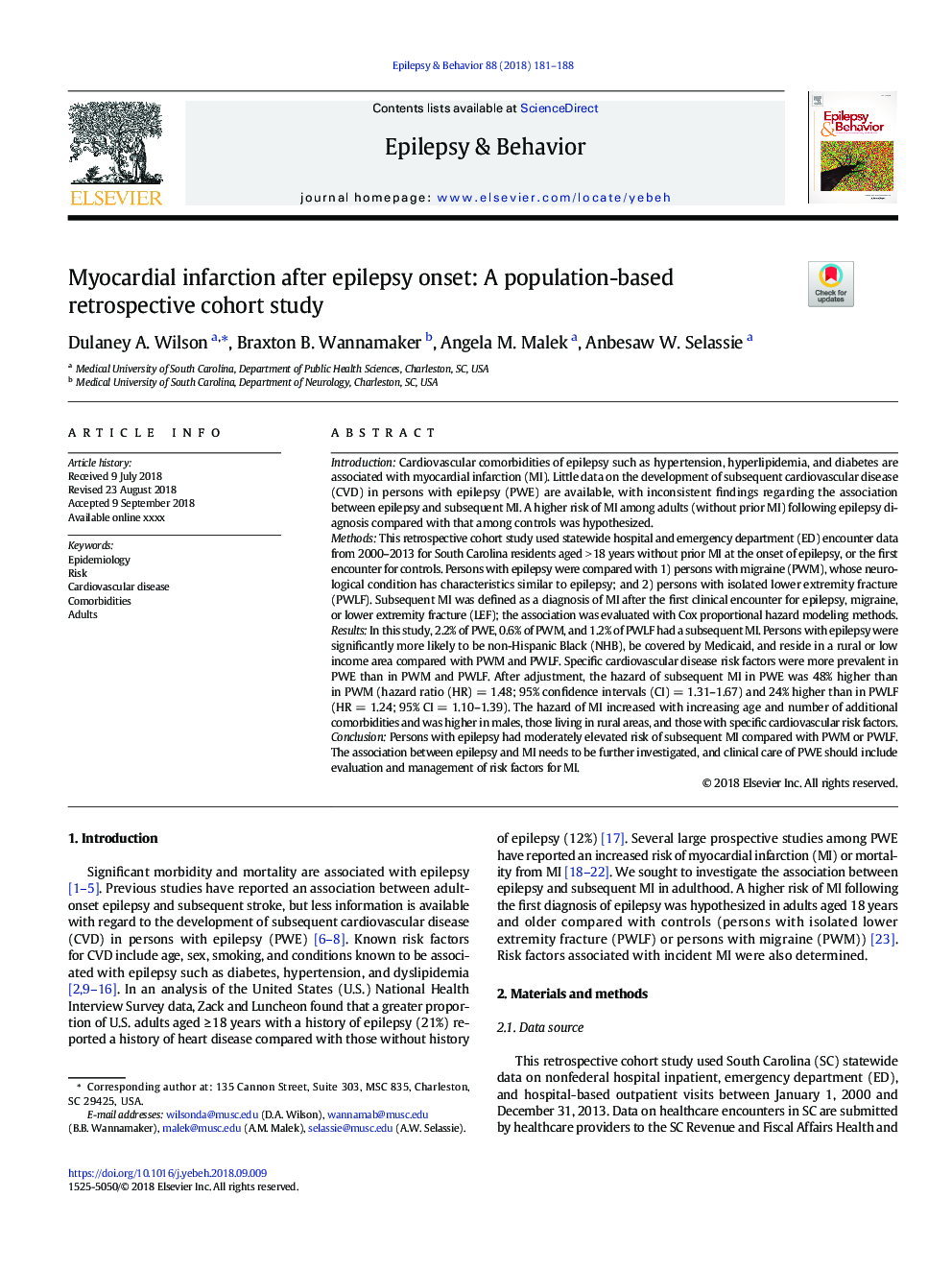 Myocardial infarction after epilepsy onset: A population-based retrospective cohort study