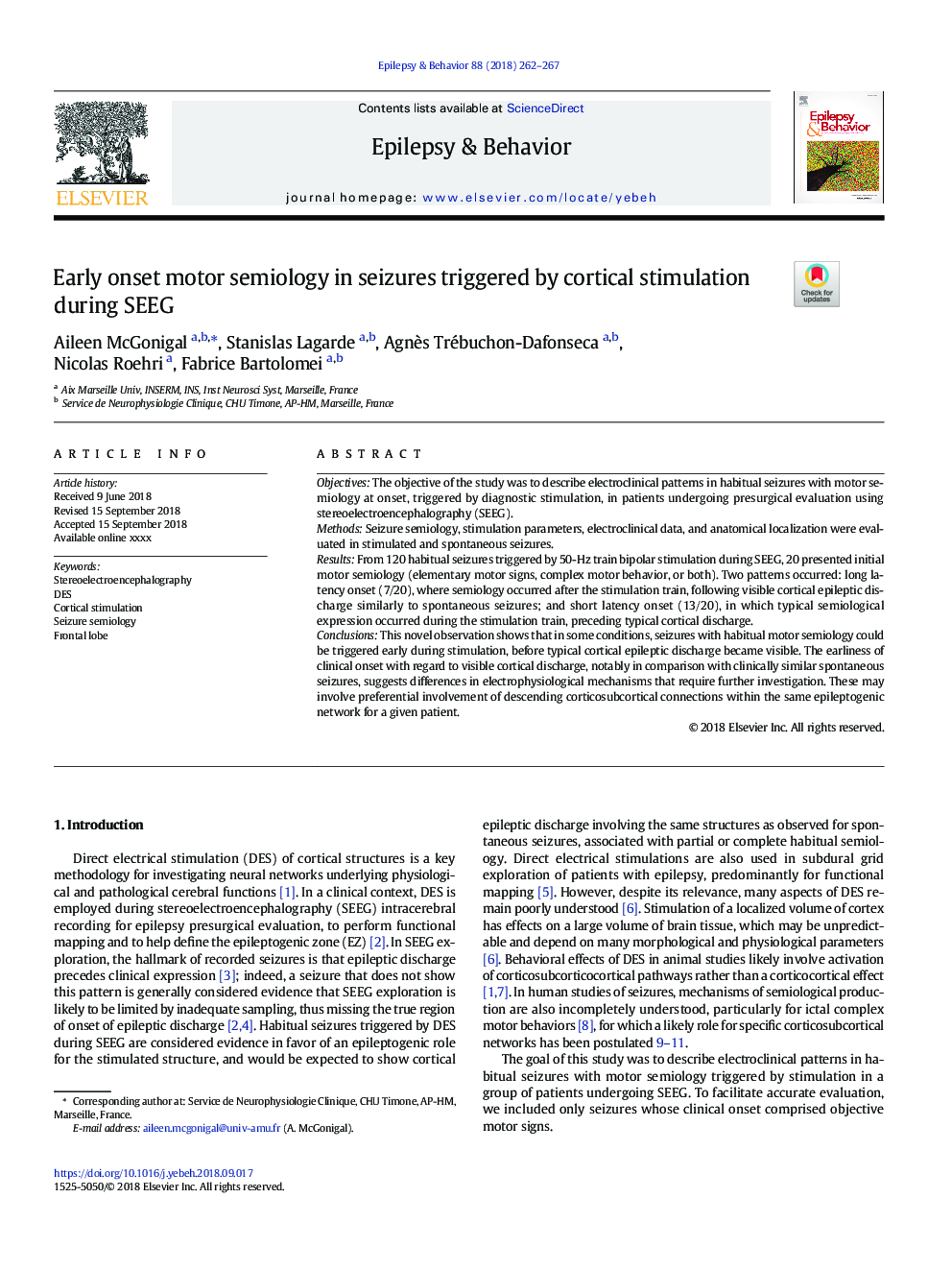 Early onset motor semiology in seizures triggered by cortical stimulation during SEEG