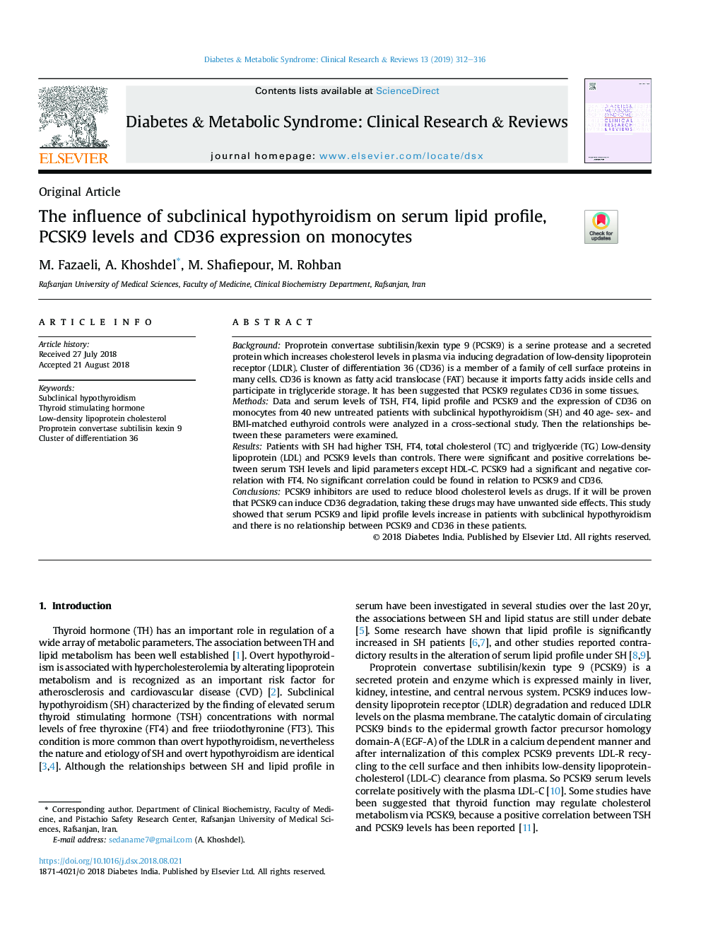 The influence of subclinical hypothyroidism on serum lipid profile, PCSK9 levels and CD36 expression on monocytes