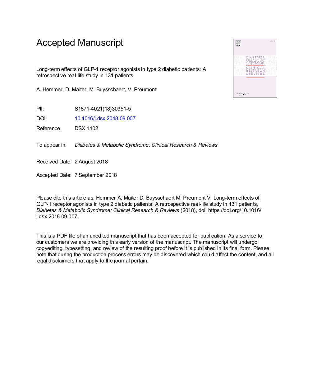 Long-term effects of GLP-1 receptor agonists in type 2 diabetic patients: A retrospective real-life study in 131 patients