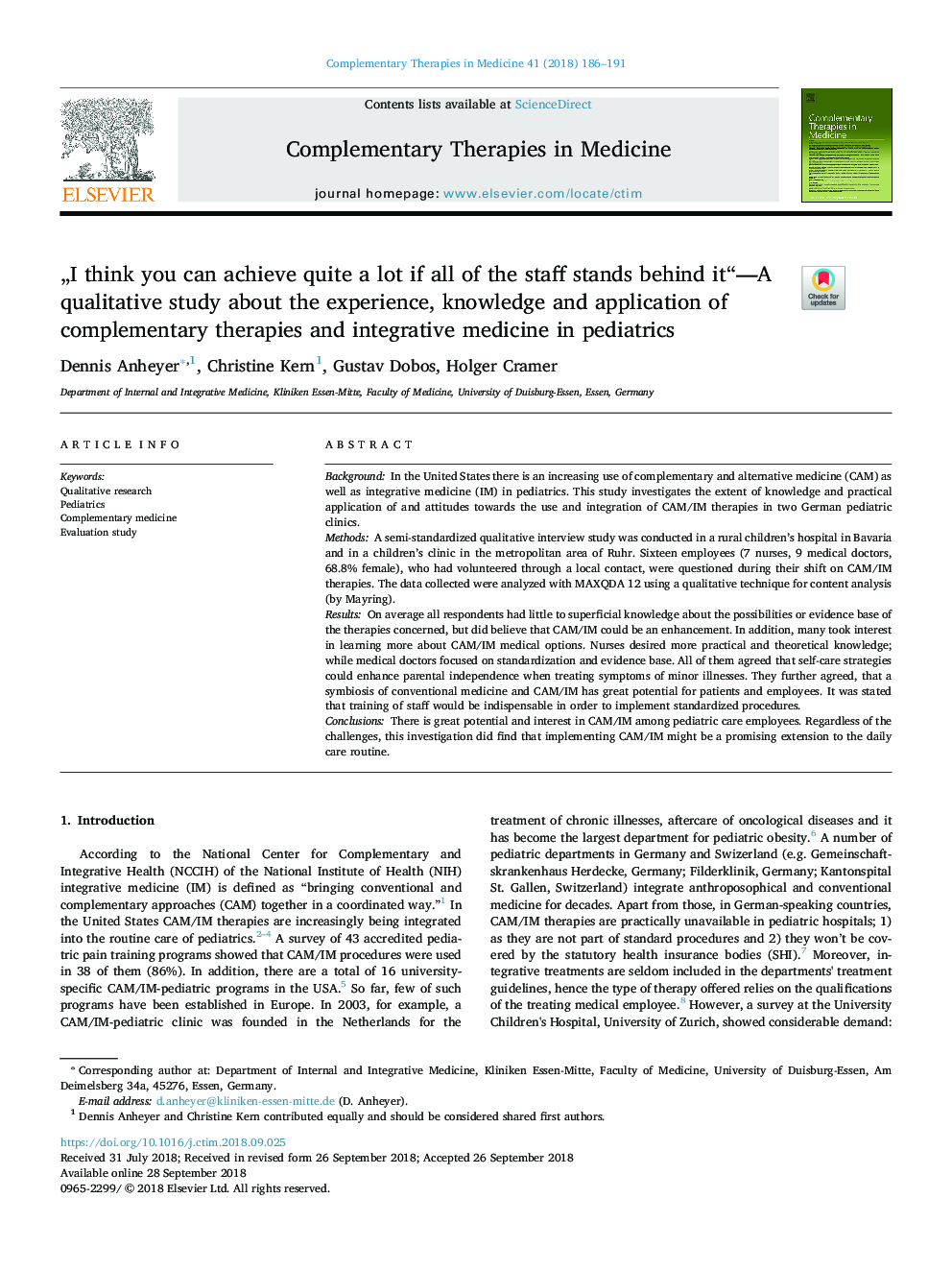 âI think you can achieve quite a lot if all of the staff stands behind it“-A qualitative study about the experience, knowledge and application of complementary therapies and integrative medicine in pediatrics