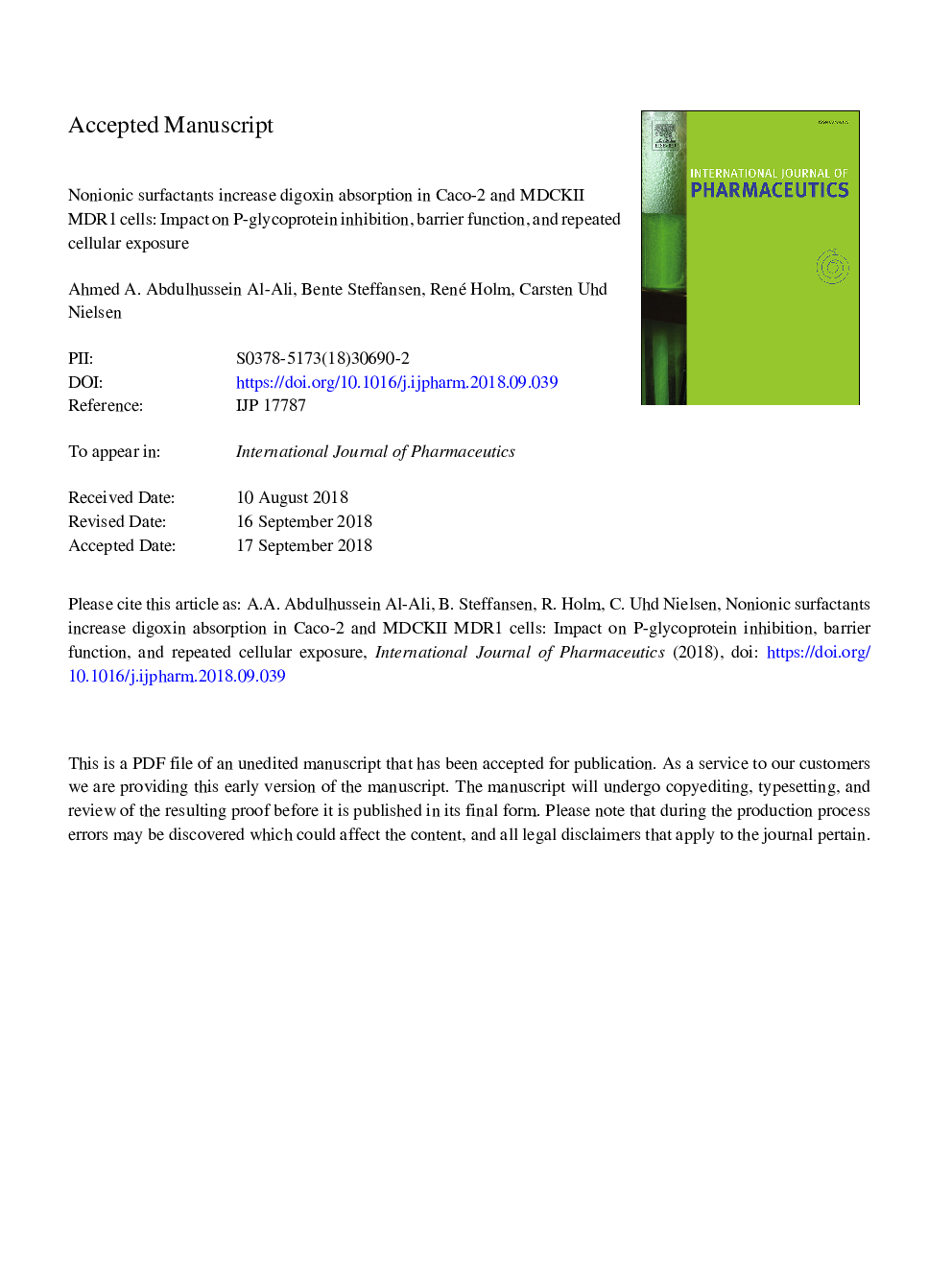 Nonionic surfactants increase digoxin absorption in Caco-2 and MDCKII MDR1 cells: Impact on P-glycoprotein inhibition, barrier function, and repeated cellular exposure