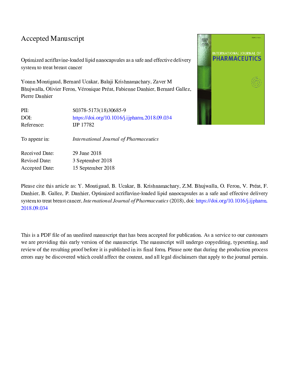 Optimized acriflavine-loaded lipid nanocapsules as a safe and effective delivery system to treat breast cancer