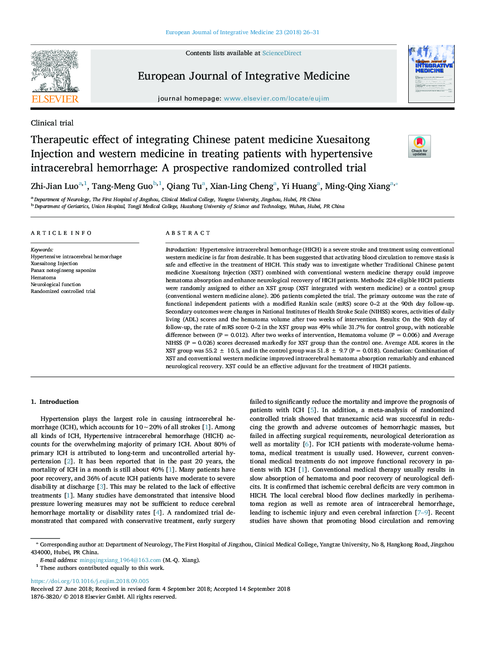 Therapeutic effect of integrating Chinese patent medicine Xuesaitong Injection and western medicine in treating patients with hypertensive intracerebral hemorrhage: A prospective randomized controlled trial