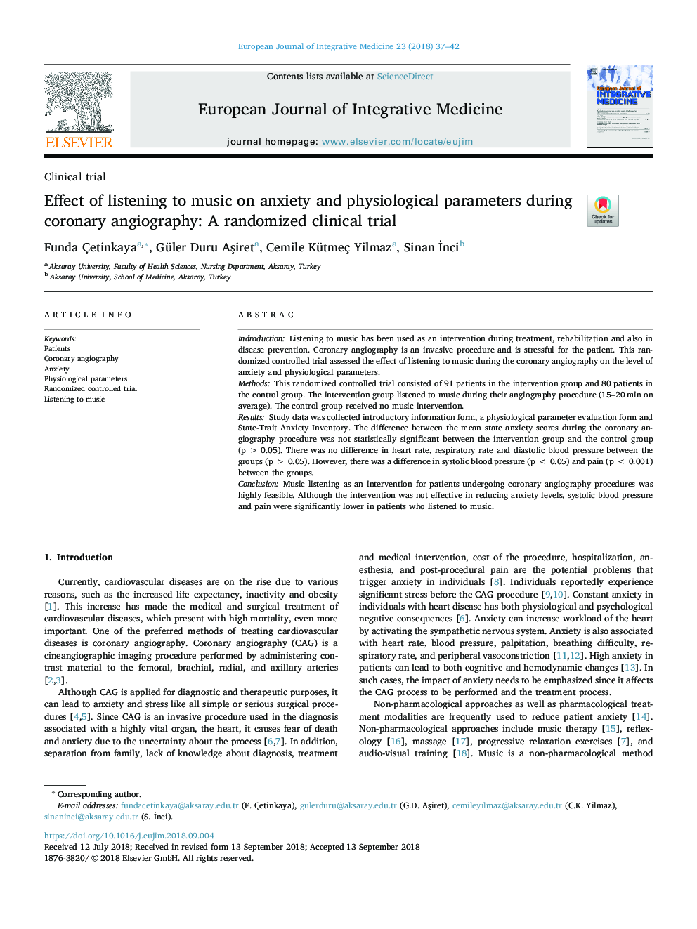 Effect of listening to music on anxiety and physiological parameters during coronary angiography: A randomized clinical trial