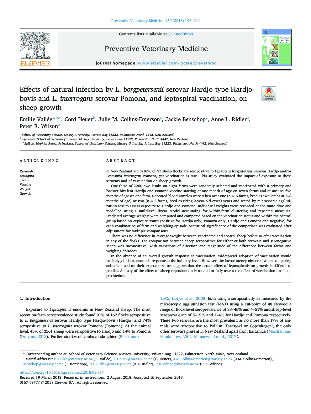عکس صفحه اول مقاله: Effects of natural infection by L. borgpetersenii serovar Hardjo type Hardjo-bovis and L. interrogans serovar Pomona, and leptospiral vaccination, on sheep growth Effects of natural infection by L. borgpetersenii serovar Hardjo type Hardjo-bovis and L. interrogans serovar Pomona, and leptospiral vaccination, on sheep growth