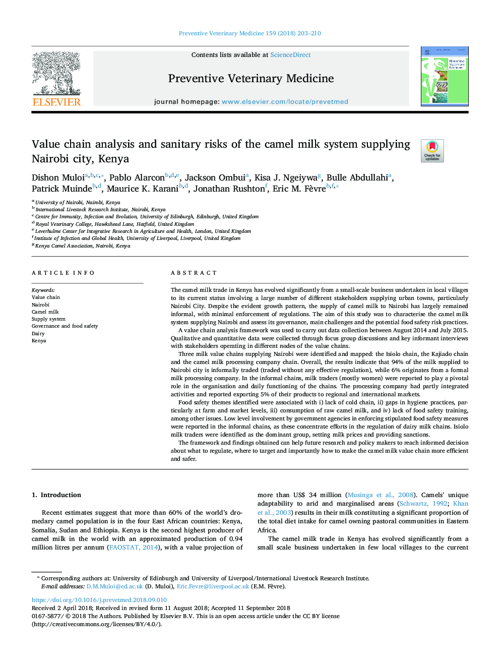 Value chain analysis and sanitary risks of the camel milk system supplying Nairobi city, Kenya