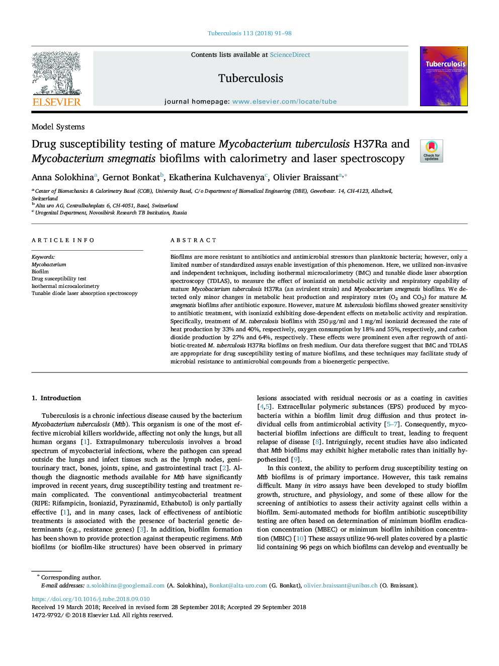 Drug susceptibility testing of mature Mycobacterium tuberculosis H37Ra and Mycobacterium smegmatis biofilms with calorimetry and laser spectroscopy