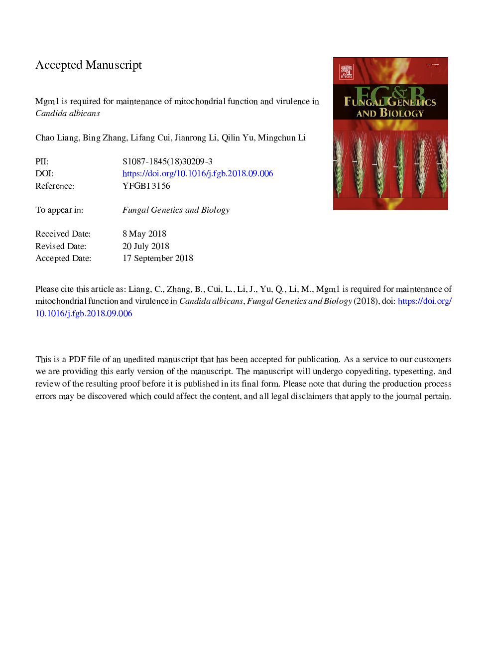 Mgm1 is required for maintenance of mitochondrial function and virulence in Candida albicans