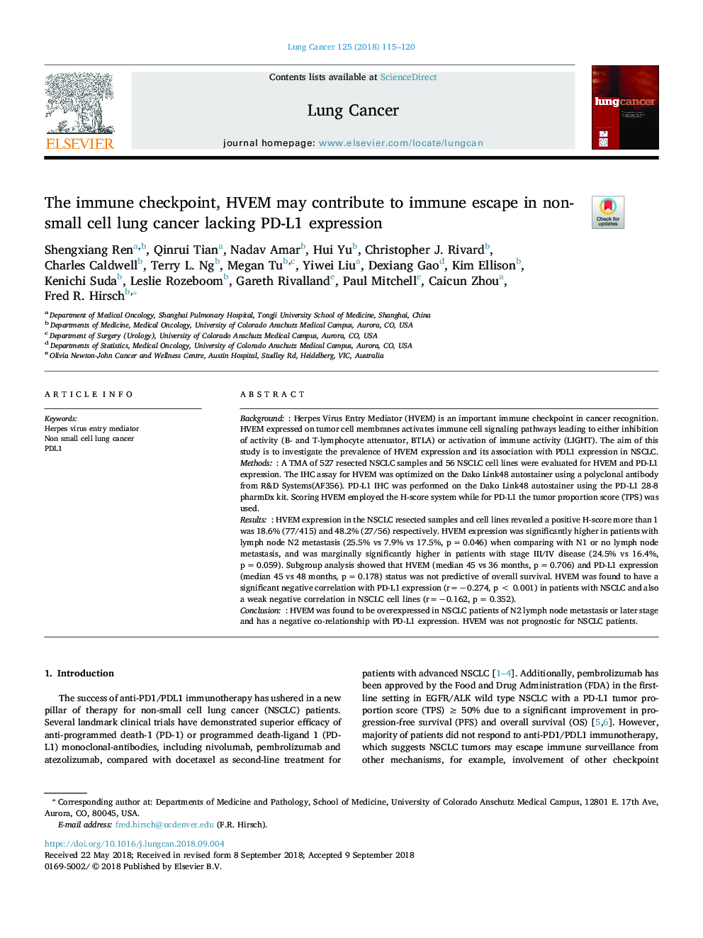 The immune checkpoint, HVEM may contribute to immune escape in non-small cell lung cancer lacking PD-L1 expression