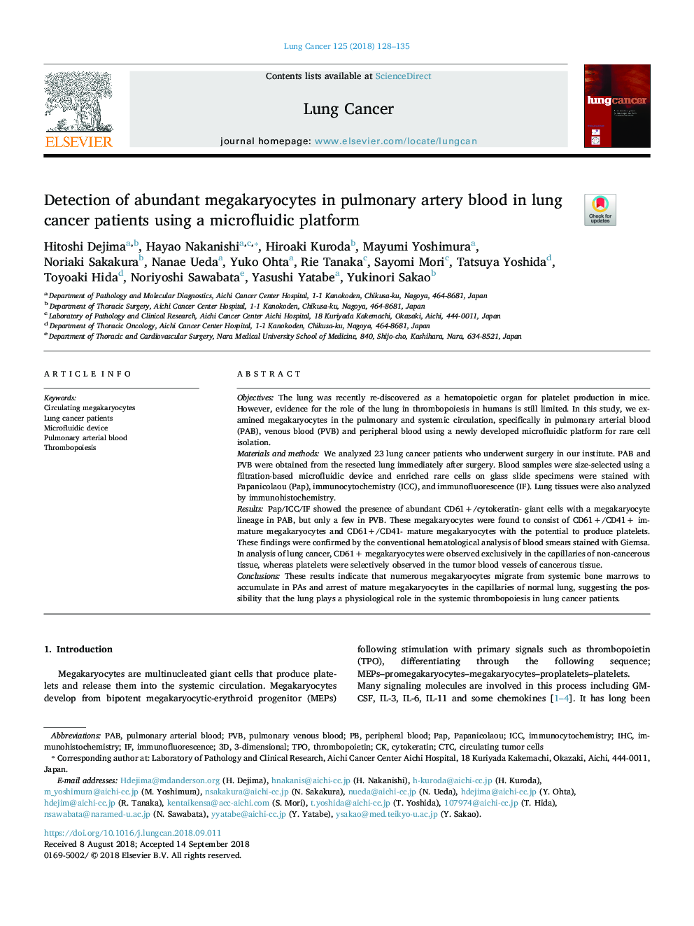 Detection of abundant megakaryocytes in pulmonary artery blood in lung cancer patients using a microfluidic platform