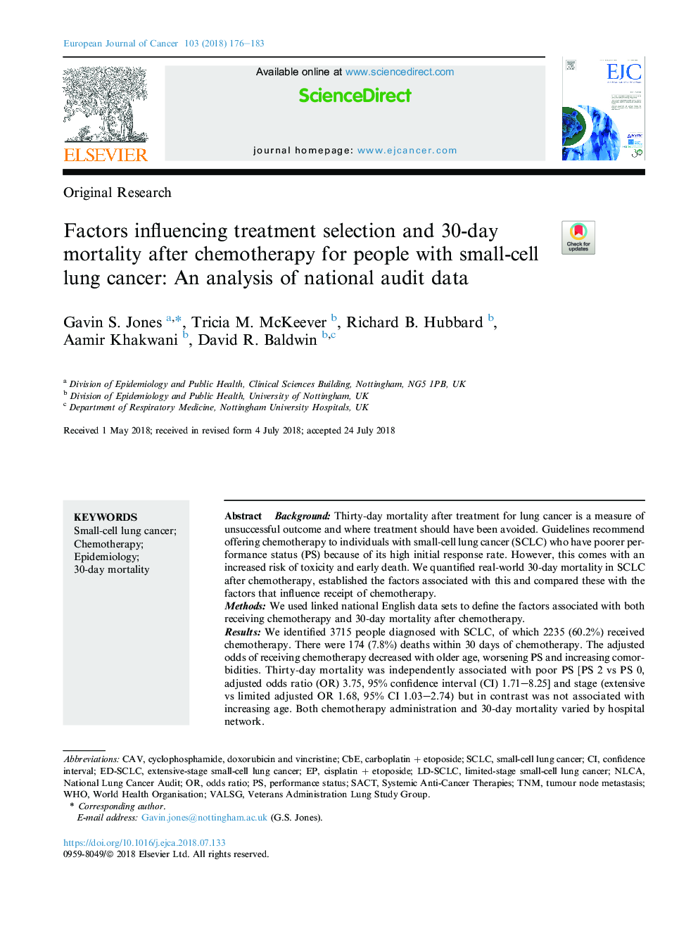 Factors influencing treatment selection and 30-day mortality after chemotherapy for people with small-cell lung cancer: An analysis of national audit data