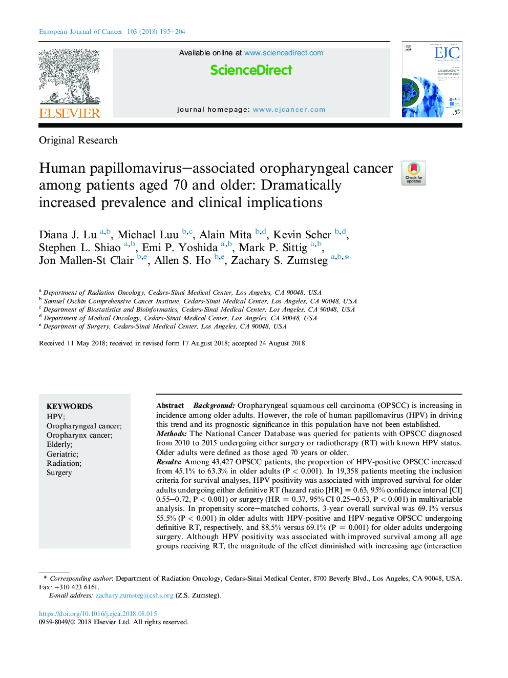 Human papillomavirus-associated oropharyngeal cancer among patients aged 70 and older: Dramatically increased prevalence and clinical implications