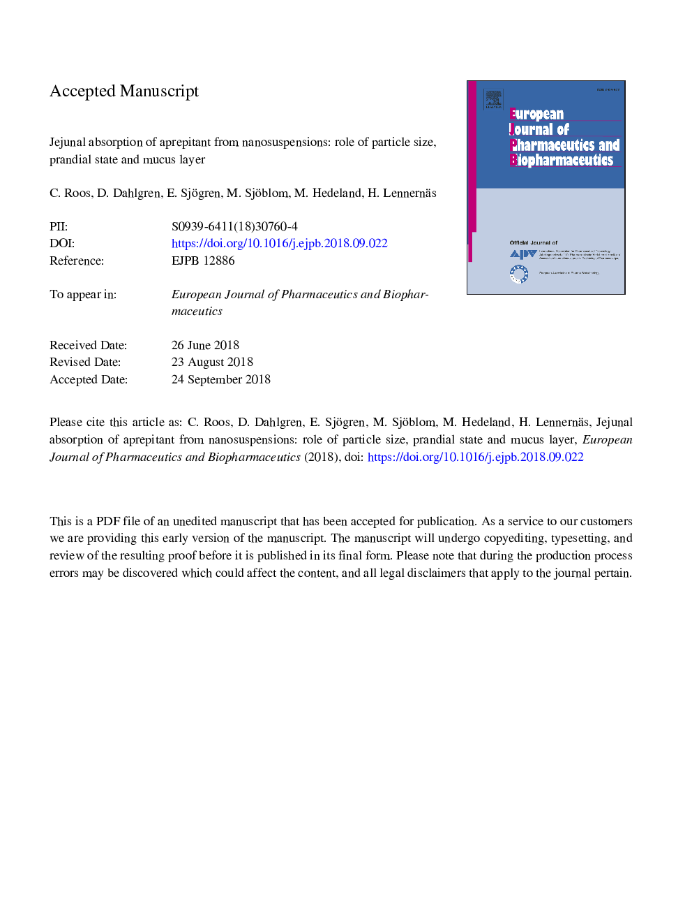 Jejunal absorption of aprepitant from nanosuspensions: Role of particle size, prandial state and mucus layer