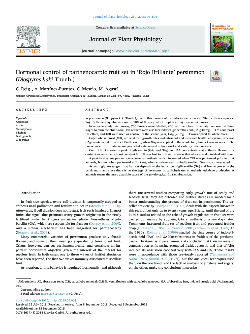 Hormonal control of parthenocarpic fruit set in 'Rojo Brillante' persimmon (Diospyros kaki Thunb.)